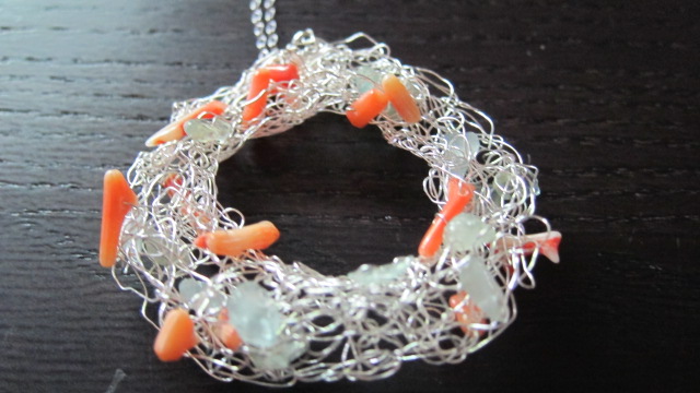 Flotsam Necklace: Aquamarines And Coral Knitted Into Wire On A 24" Sterling Silver Chain