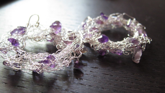 Large Grape Earrings: Knitted Wire And Amethysts On Sterling Silver Ear Wires