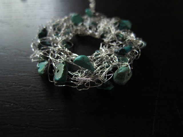Caribbean Necklace: Knit Wire With Turquoise On 16" Stering Silver Chain